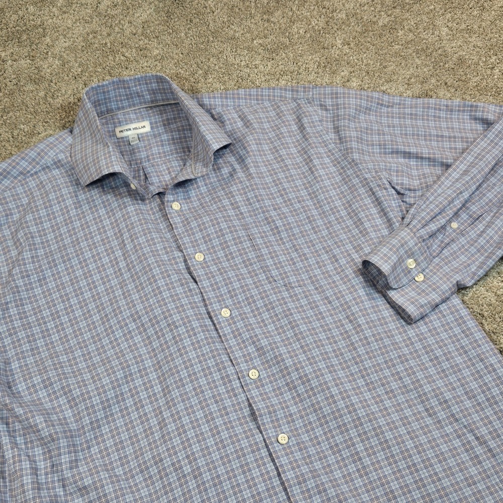 Peter Millar Blue Plaid Checked Long Sleeve Button-Up Shirt Men's Size XL